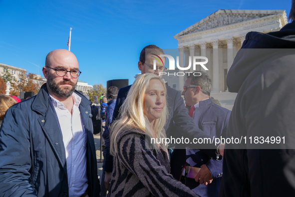 Congresswoman Marjorie Taylor Greene speaks against gender-affirming care at the Supreme Court in Washington, D.C., United States, on Decemb...