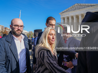 Congresswoman Marjorie Taylor Greene speaks against gender-affirming care at the Supreme Court in Washington, D.C., United States, on Decemb...