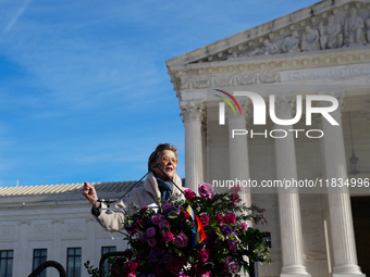 Hollywood stars Annette Bening and Elliot Page join Senator Markey to speak in support of gender-affirming care at the Supreme Court in Wash...