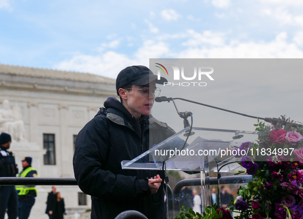 Hollywood stars Annette Bening and Elliot Page join Senator Markey to speak in support of gender-affirming care at the Supreme Court in Wash...