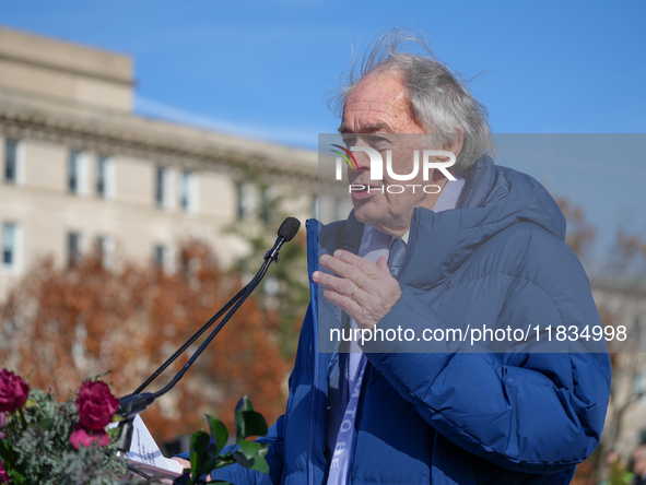 Hollywood stars Annette Bening and Elliot Page join Senator Markey to speak in support of gender-affirming care at the Supreme Court in Wash...