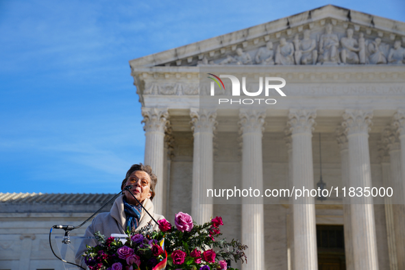 Hollywood stars Annette Bening and Elliot Page join Senator Markey to speak in support of gender-affirming care at the Supreme Court in Wash...