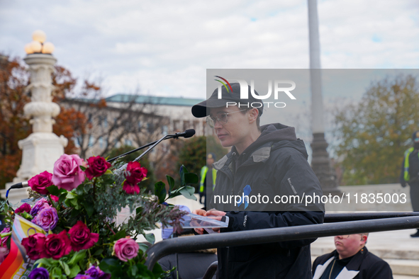 Hollywood stars Annette Bening and Elliot Page join Senator Markey to speak in support of gender-affirming care at the Supreme Court in Wash...