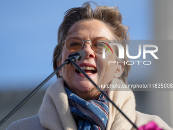 Hollywood stars Annette Bening and Elliot Page join Senator Markey to speak in support of gender-affirming care at the Supreme Court in Wash...