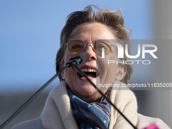 Hollywood stars Annette Bening and Elliot Page join Senator Markey to speak in support of gender-affirming care at the Supreme Court in Wash...