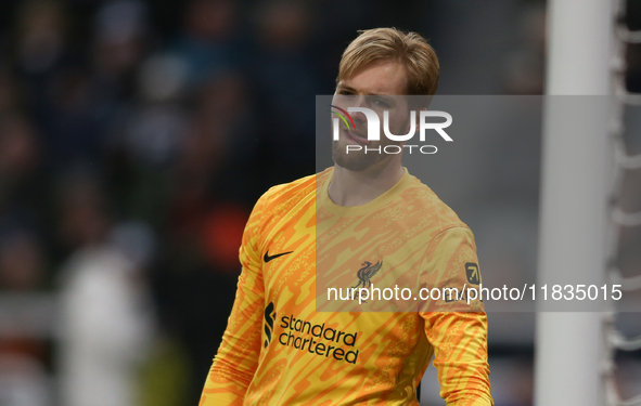 Liverpool goalkeeper Caoimhin Kelleher participates in the Premier League match between Newcastle United and Liverpool at St. James's Park i...