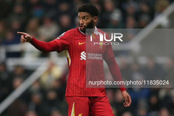 Liverpool's Joe Gomez participates in the Premier League match between Newcastle United and Liverpool at St. James's Park in Newcastle, Unit...