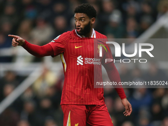 Liverpool's Joe Gomez participates in the Premier League match between Newcastle United and Liverpool at St. James's Park in Newcastle, Unit...