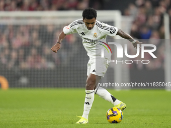 Rodrygo Goes right winger of Real Madrid and Brazil controls the ball during the La Liga match between Athletic Club and Real Madrid CF at E...