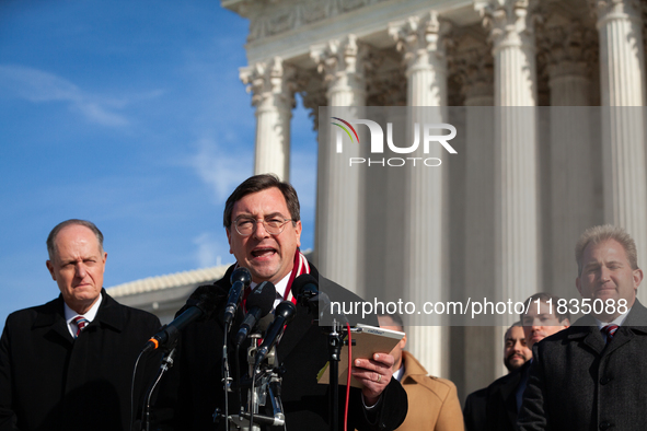 Tennessee Attorney General Jonathan Skrmetti speaks during a press conference following oral arguments at the Supreme Court on his state's b...