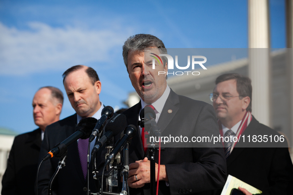 Alabama Attorney General Steve Marshall speaks during a press conference following oral arguments at the Supreme Court on Tennessee's ban on...