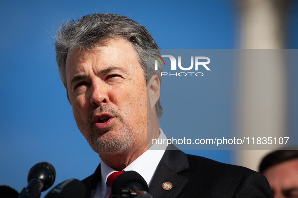 Alabama Attorney General Steve Marshall speaks during a press conference following oral arguments at the Supreme Court on Tennessee's ban on...