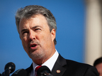 Alabama Attorney General Steve Marshall speaks during a press conference following oral arguments at the Supreme Court on Tennessee's ban on...