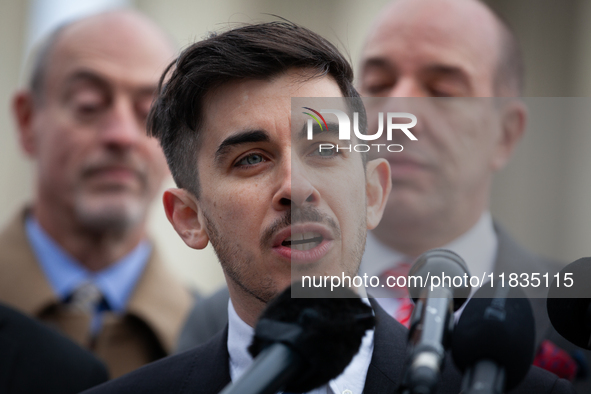 American Civil Liberties Union (ACLU) attorney Chase Strangio speaks during a press conference following oral arguments at the Supreme Court...