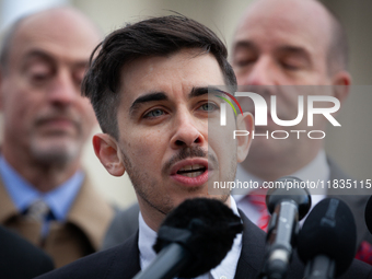 American Civil Liberties Union (ACLU) attorney Chase Strangio speaks during a press conference following oral arguments at the Supreme Court...