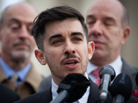 American Civil Liberties Union (ACLU) attorney Chase Strangio speaks during a press conference following oral arguments at the Supreme Court...