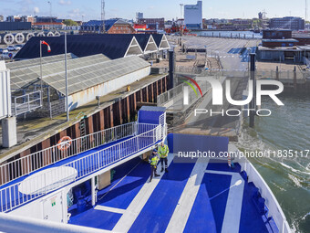 A fully electric ferry connecting Esbjerg, Jutland, and Fano Island is seen in Esbjerg port, Denmark, on April 29, 2024. (