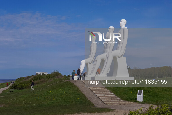 The Man Meets the Sea giant sculpture by Svend Wiig Hansen is seen in Esbjerg, Jutland, Denmark, on April 28, 2024. 