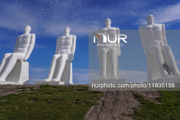 The Man Meets the Sea giant sculpture by Svend Wiig Hansen is seen in Esbjerg, Jutland, Denmark, on April 28, 2024. 