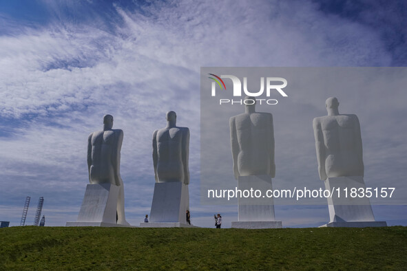 The Man Meets the Sea giant sculpture by Svend Wiig Hansen is seen in Esbjerg, Jutland, Denmark, on April 28, 2024. 