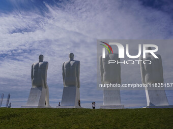 The Man Meets the Sea giant sculpture by Svend Wiig Hansen is seen in Esbjerg, Jutland, Denmark, on April 28, 2024. (