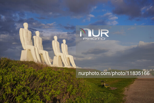 The Man Meets the Sea giant sculpture by Svend Wiig Hansen is seen in Esbjerg, Jutland, Denmark, on April 28, 2024. 