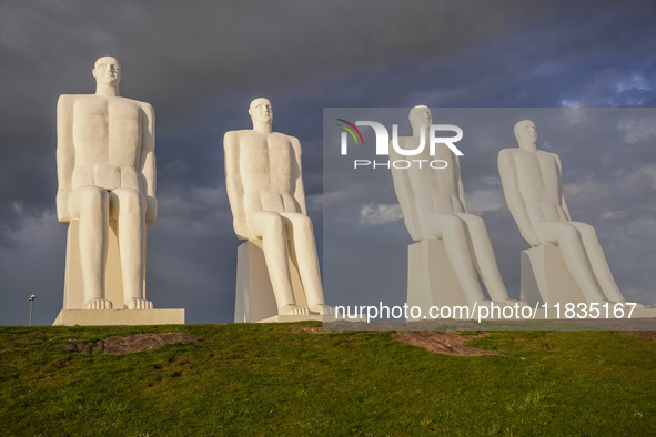 The Man Meets the Sea giant sculpture by Svend Wiig Hansen is seen in Esbjerg, Jutland, Denmark, on April 28, 2024. 