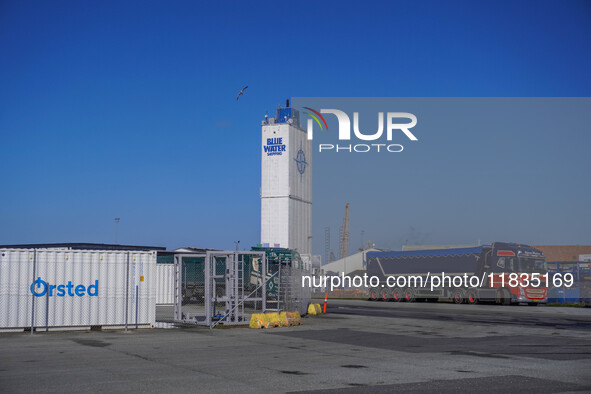 The Blue Water shipping company building in the port is seen in Esbjerg, Jutland, Denmark, on April 29, 2024. 