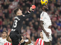 Antonio Rudiger centre-back of Real Madrid and Germany and Julen Agirrezabala goalkeeper of Athletic Club and Spain compete for the ball dur...