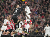 Antonio Rudiger centre-back of Real Madrid and Germany and Julen Agirrezabala goalkeeper of Athletic Club and Spain compete for the ball dur...