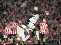 Antonio Rudiger centre-back of Real Madrid and Germany and Julen Agirrezabala goalkeeper of Athletic Club and Spain compete for the ball dur...