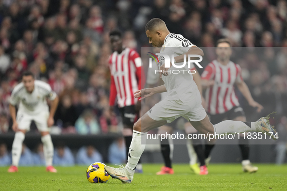 Kylian Mbappe centre-forward of Real Madrid and France  shooting to goal during the La Liga match between Athletic Club and Real Madrid CF a...