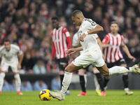 Kylian Mbappe centre-forward of Real Madrid and France  shooting to goal during the La Liga match between Athletic Club and Real Madrid CF a...