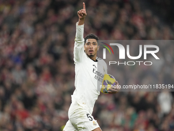 Jude Bellingham central midfield of Real Madrid and England celebrates after scoring his sides first goal during the La Liga match between A...