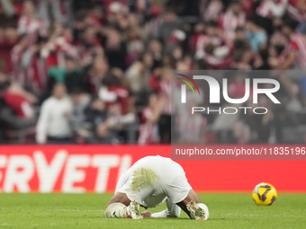 Jude Bellingham central midfield of Real Madrid and England dejected after Athletic second goal during the La Liga match between Athletic Cl...