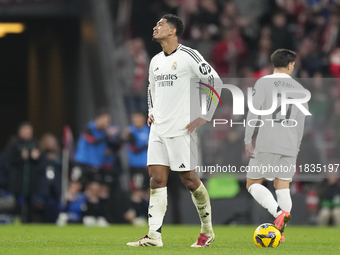 Jude Bellingham central midfield of Real Madrid and England dejected after Athletic second goal during the La Liga match between Athletic Cl...