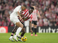 Kylian Mbappe centre-forward of Real Madrid and France and Inaki Williams right winger of Athletic Club and Ghana compete for the ball durin...