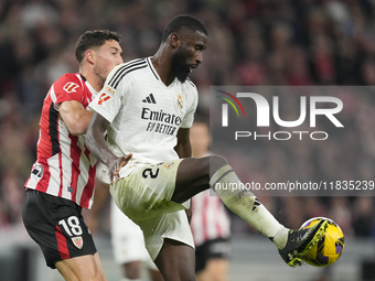 Antonio Rudiger centre-back of Real Madrid and Germany and Oscar de Marcos right-back of Athletic Club and Spain compete for the ball during...