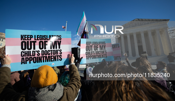 Demonstrators support gender-affirming care for transgender children  outside the Supreme Court in Washington, DC, on December 4, 2024.  The...