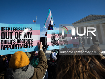 Demonstrators support gender-affirming care for transgender children  outside the Supreme Court in Washington, DC, on December 4, 2024.  The...