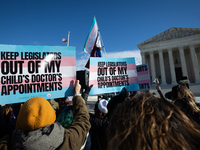 Demonstrators support gender-affirming care for transgender children  outside the Supreme Court in Washington, DC, on December 4, 2024.  The...