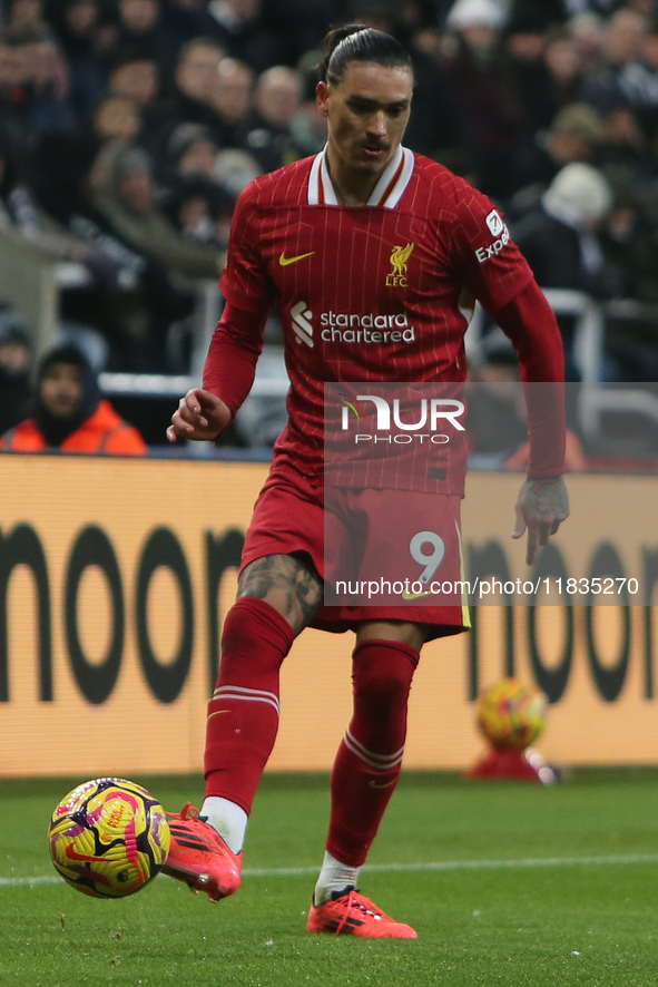 Liverpool's Darwin Nunez participates in the Premier League match between Newcastle United and Liverpool at St. James's Park in Newcastle, U...