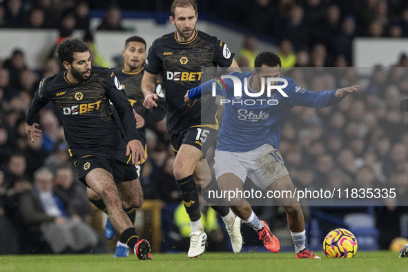 Iliman Ndiaye, number 10 of Everton F.C., is in possession of the ball during the Premier League match between Everton and Wolverhampton Wan...