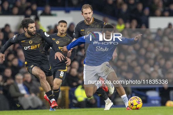 Iliman Ndiaye, number 10 of Everton F.C., is in possession of the ball during the Premier League match between Everton and Wolverhampton Wan...