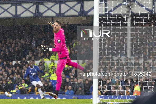 Jose Sa #1 (GK) of Wolverhampton Wanderers F.C. participates in the Premier League match between Everton and Wolverhampton Wanderers at Good...