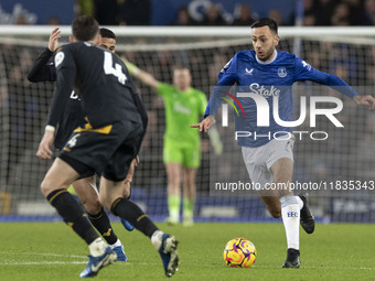 Dwight McNeil #7 of Everton F.C. is in action during the Premier League match between Everton and Wolverhampton Wanderers at Goodison Park i...