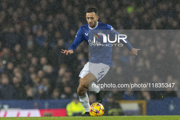 Dwight McNeil #7 of Everton F.C. plays during the Premier League match between Everton and Wolverhampton Wanderers at Goodison Park in Liver...