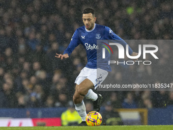 Dwight McNeil #7 of Everton F.C. plays during the Premier League match between Everton and Wolverhampton Wanderers at Goodison Park in Liver...