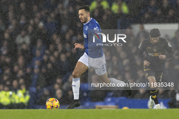 Dwight McNeil #7 of Everton F.C. plays during the Premier League match between Everton and Wolverhampton Wanderers at Goodison Park in Liver...