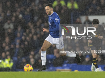 Dwight McNeil #7 of Everton F.C. plays during the Premier League match between Everton and Wolverhampton Wanderers at Goodison Park in Liver...